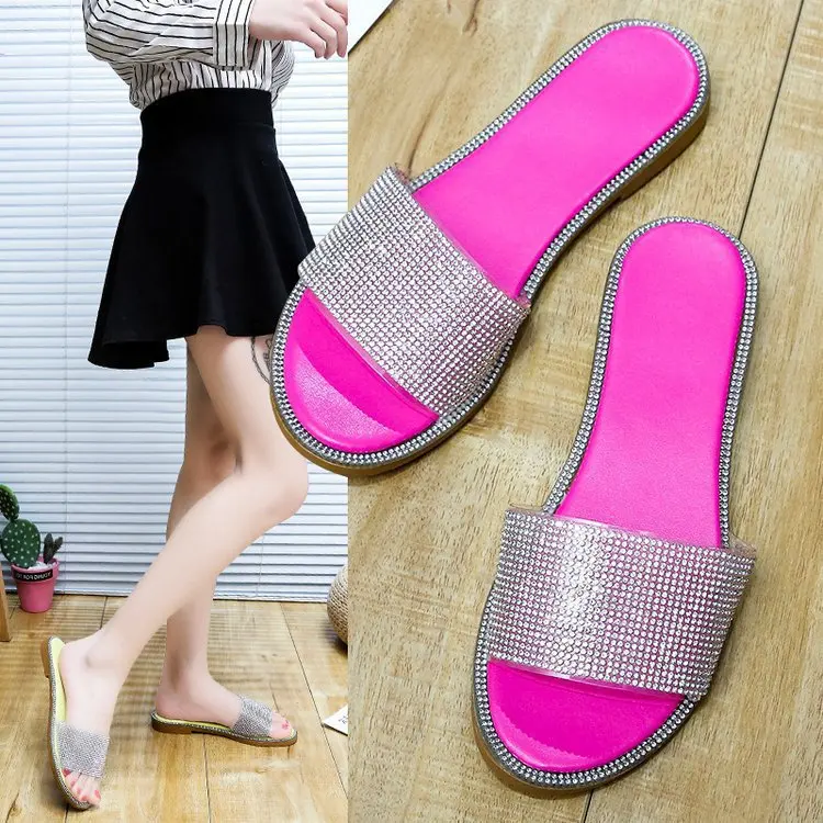 

Slippers Women Summer Slides Big Size Shoes For Girls Pantofle Soft Lady 2021 Flat Scandals Basic Fabric Casual PU Bling