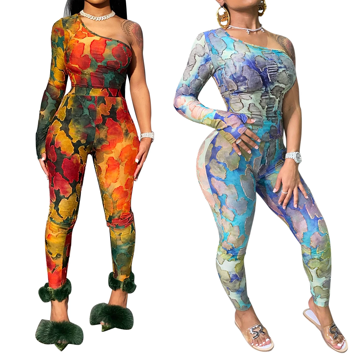 Women's Printed Casual Jumpsuit Set Water Color Blouse Splash Pigment Leggings Off-Shoulder Skinny Sexy Playsuit Women Rompers | Женская