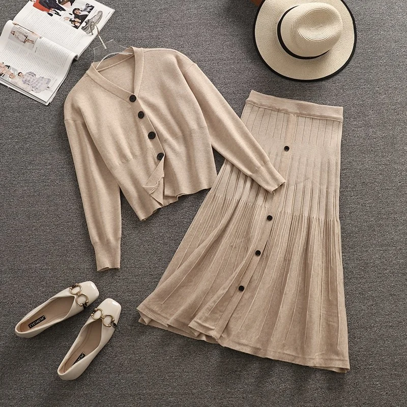 

High Quality Korean Casual Knitted 2 Piece Set Women Cardigan Sweater Crop Top + Pleated Skirt Suits Fall Winter Two Piece Sets