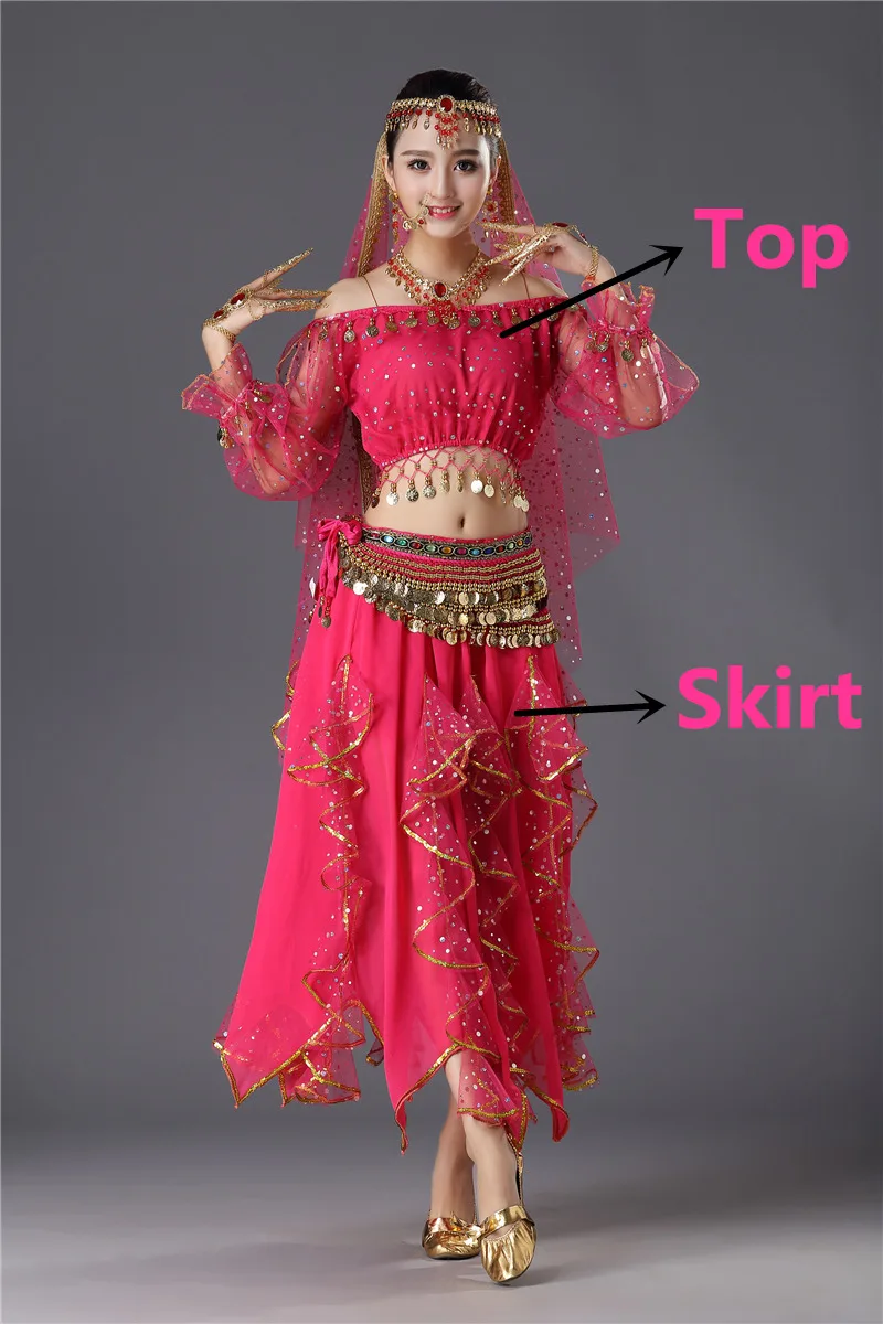 Rose Red 2pcs Костюмы для танца живота, Египетский сценический танец, индийский танец живота, Женский Болливуд, длинные рукава, Одежда для танцев для девочек - Цвет: Rose Red 2pcs