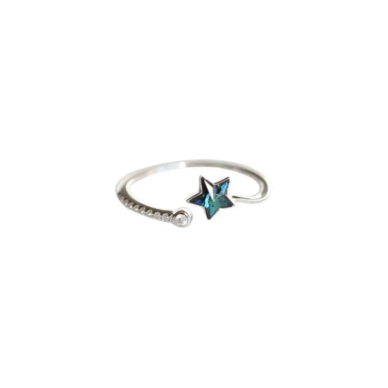 

New Fashion Beautiful Deep Sea Blue Five-pointed Star 925 Sterling Silver Jewelry Personality Fresh Crystal Opening Rings
