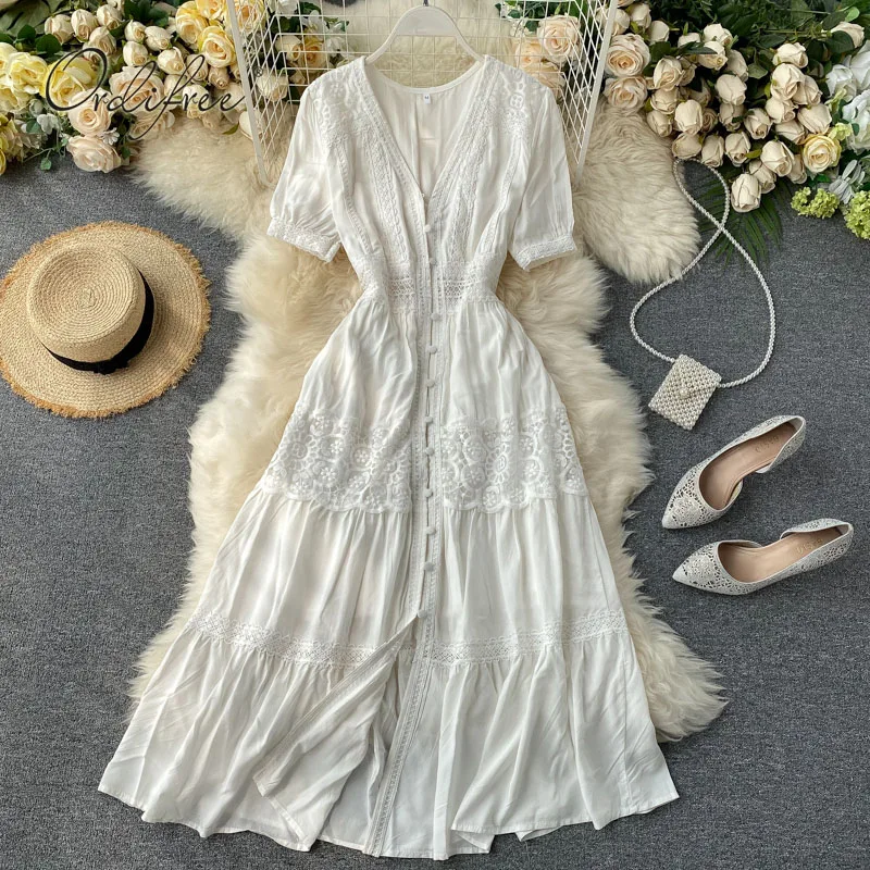 Женское длинное вечернее платье Ordifree Красное Белое Кружевное пляжное