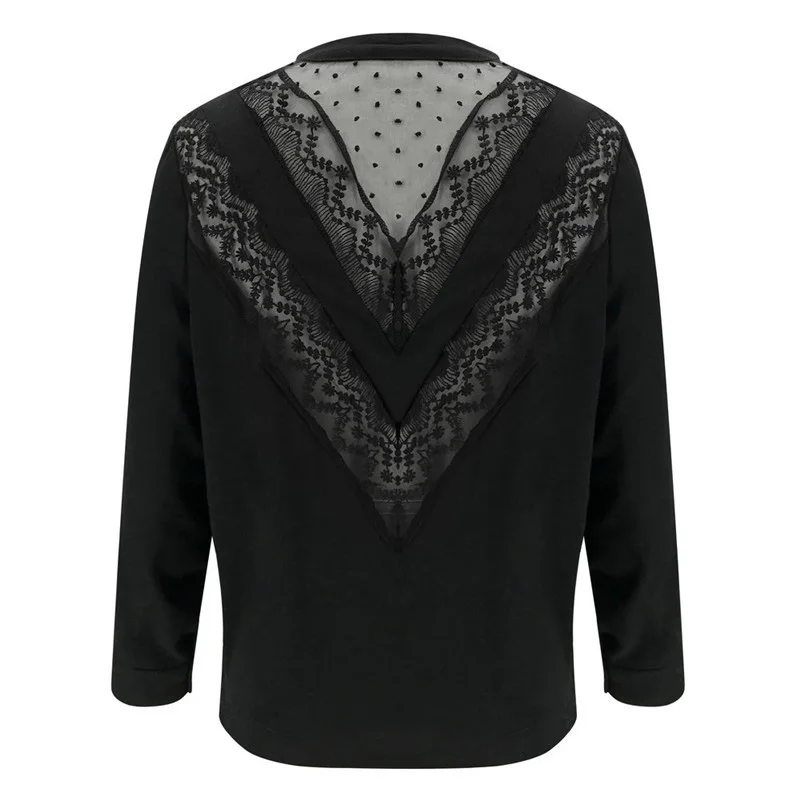 

Casual Shirt Women Sexy Hollow Out Lace Patchwork See Through V-Neck Long Sleeve Solid Color Top Spring Black White Loose Blouse