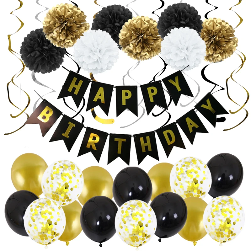 

33Pcs/Set Black Gold Banner Latex Confetti Balloon Paper Pompoms Flower Spiral Hanging Happy Birthday Decoration Party Supplies