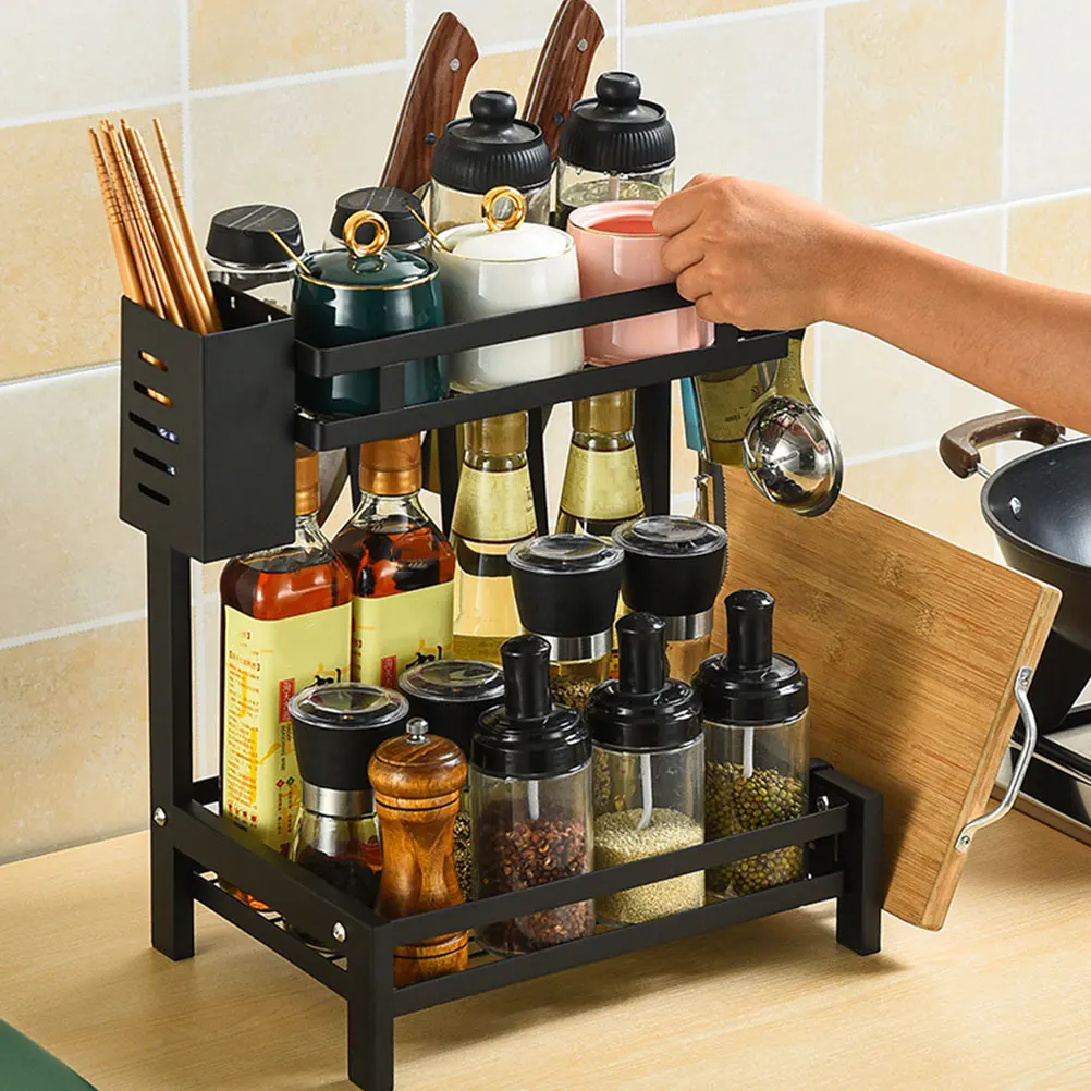 

Black 2 Layers Household Kitchen Draining Storage Rack with Chopstick Cage Multi-functional Sauce Bottle Sorting Shelf