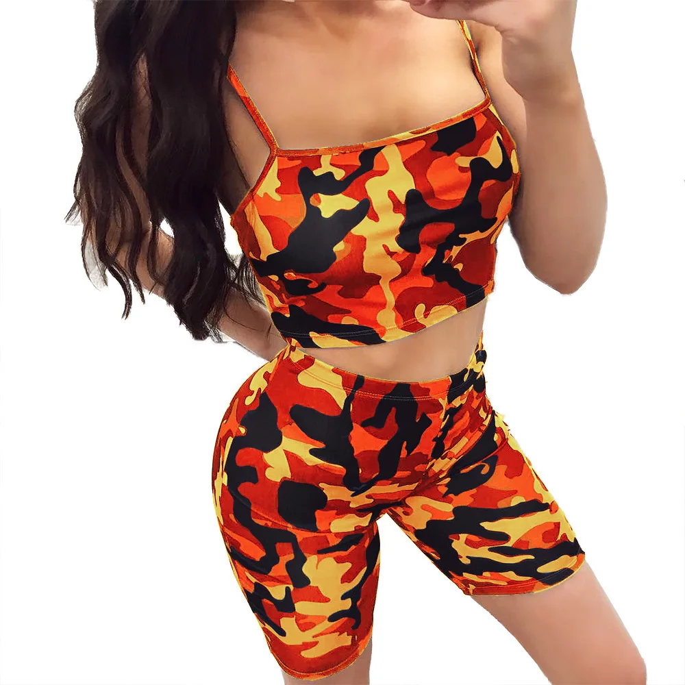 

WEPBEL Women's Sexy Camouflage Print Homewear Suits Summer High Waist Shorts + Spaghetti Strap Square Collar Backless Top Suit