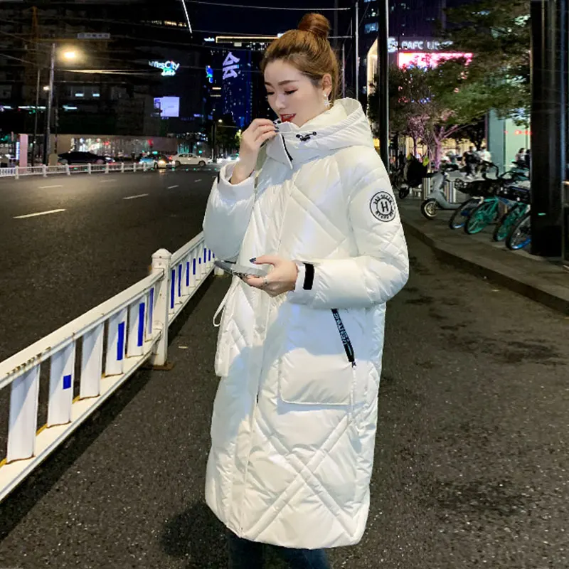 Down Cotton Women Jacket Long Loose Glossy Hooded Fashion Oversized Parker Warm Windproof Cuffs Winter Women Coat Зимние куртки
