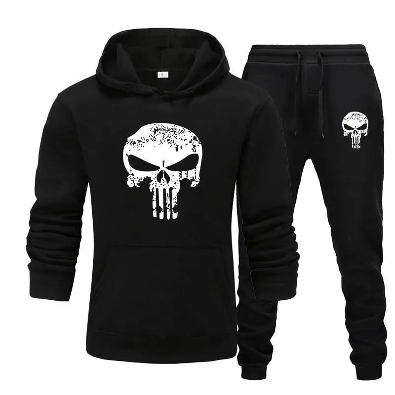 

2 Pieces Sets Tracksuit Men Skull Brand Autumn Winter Hooded Sweatshirt +Drawstring Pants Male Sport Hoodies Running Sportswear