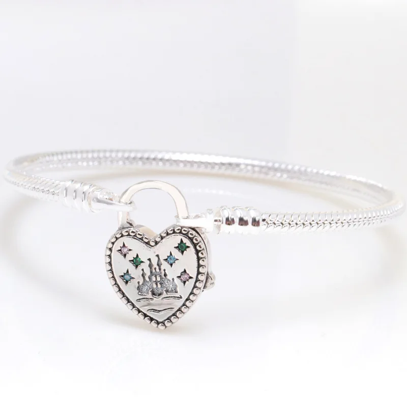 

Real 925 Sterling Silver Castle Children's Paradise Heart-shaped Lock Bracelet For Women Fit Original Brand