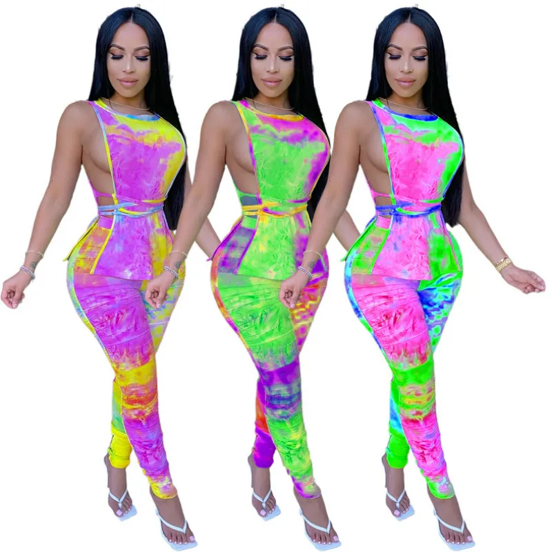 

Contrast Color Printting Sexy Sleeveless Lace Up Round Neck Tops And Pencil Trousers Women Summer Suit Two Piece Set
