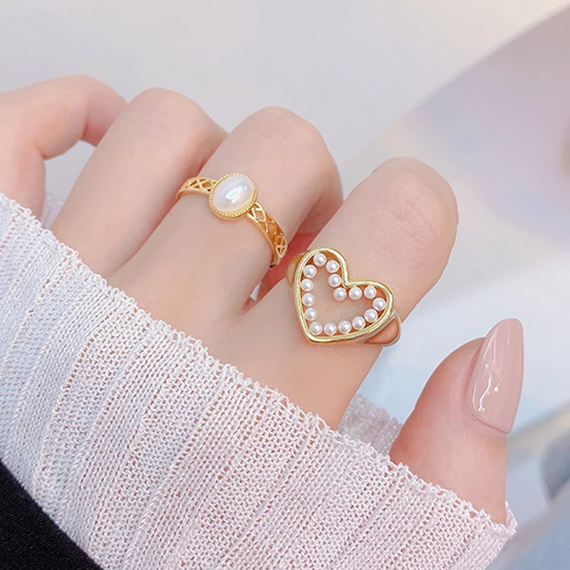 

French Romantic Pearl Heart Ring for Women Temperament Hollow Simple Lady Bague Wedding Jewelry Pendant Anniversary Gift