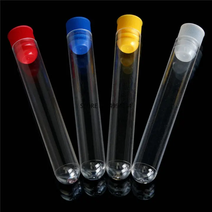 

50pcs 12x100mm Clear Plastic test tubes with plastic blue/red stopper push cap for school experiments and tests