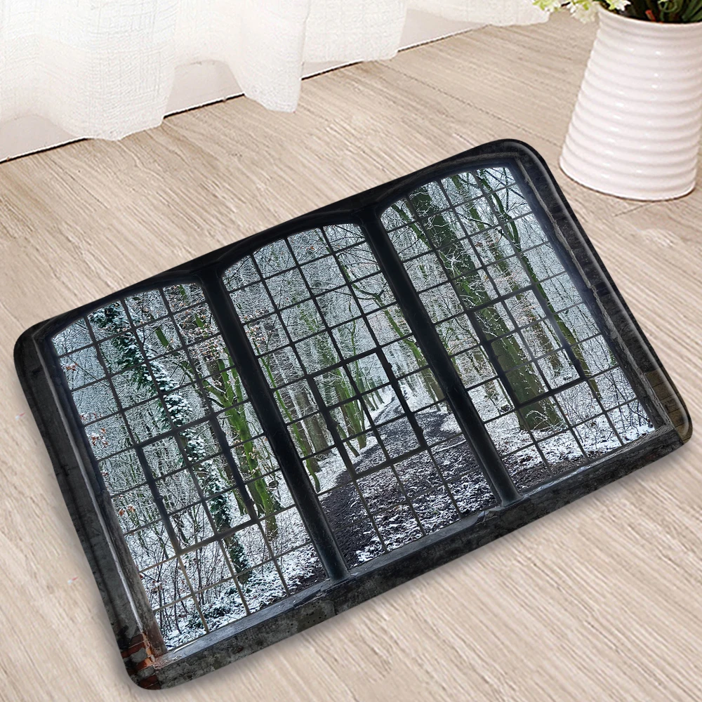 

Retro Vintage Window Non-Slip Bath Mat Forest Waterfall Snow Winter Natural Landscape Bedroom Kitchen Doormat Absorbent Carpets