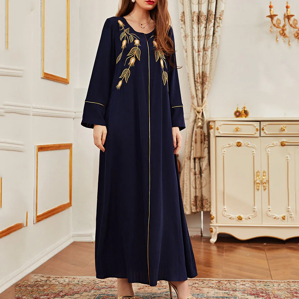 

Autumn New 2021 Fashion Women Long Dress Solid Color Embroidery Round Neck Long Sleeve Muslim Loose Casual Women Robe
