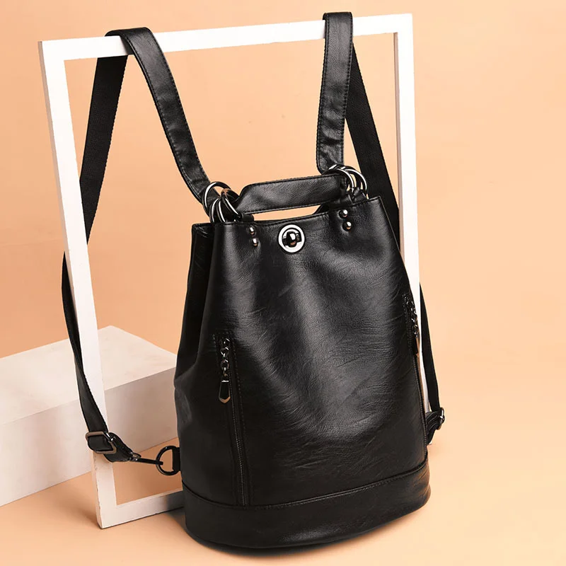 

Backpack Women Bag Bucket Type Turn Lock Youth Leisure School Bag Soft PU Leather European and American Trend Simple Backpack