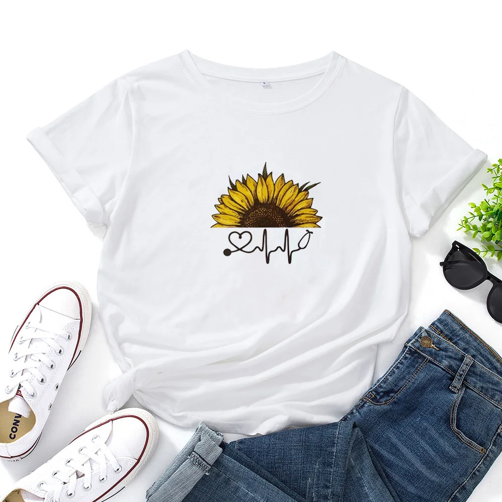

Sunflower Print Women T-shirt Fashion Loose T Shirt Women Tops Short Sleeve Women Tshirt Harajuku Aesthetic Camisetas Mujer