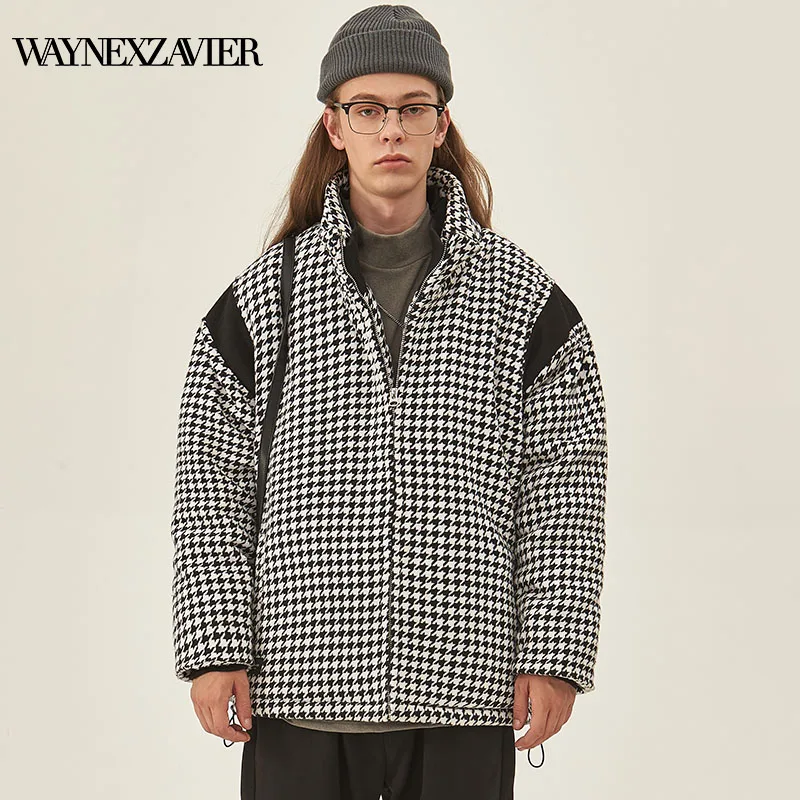 

WAYNEXZAVIER 2021 Winter Thick Men's Down Jacket Stripe Splicing Denim Jackets Pockets Oversize Men Single Breasted Casual Coats
