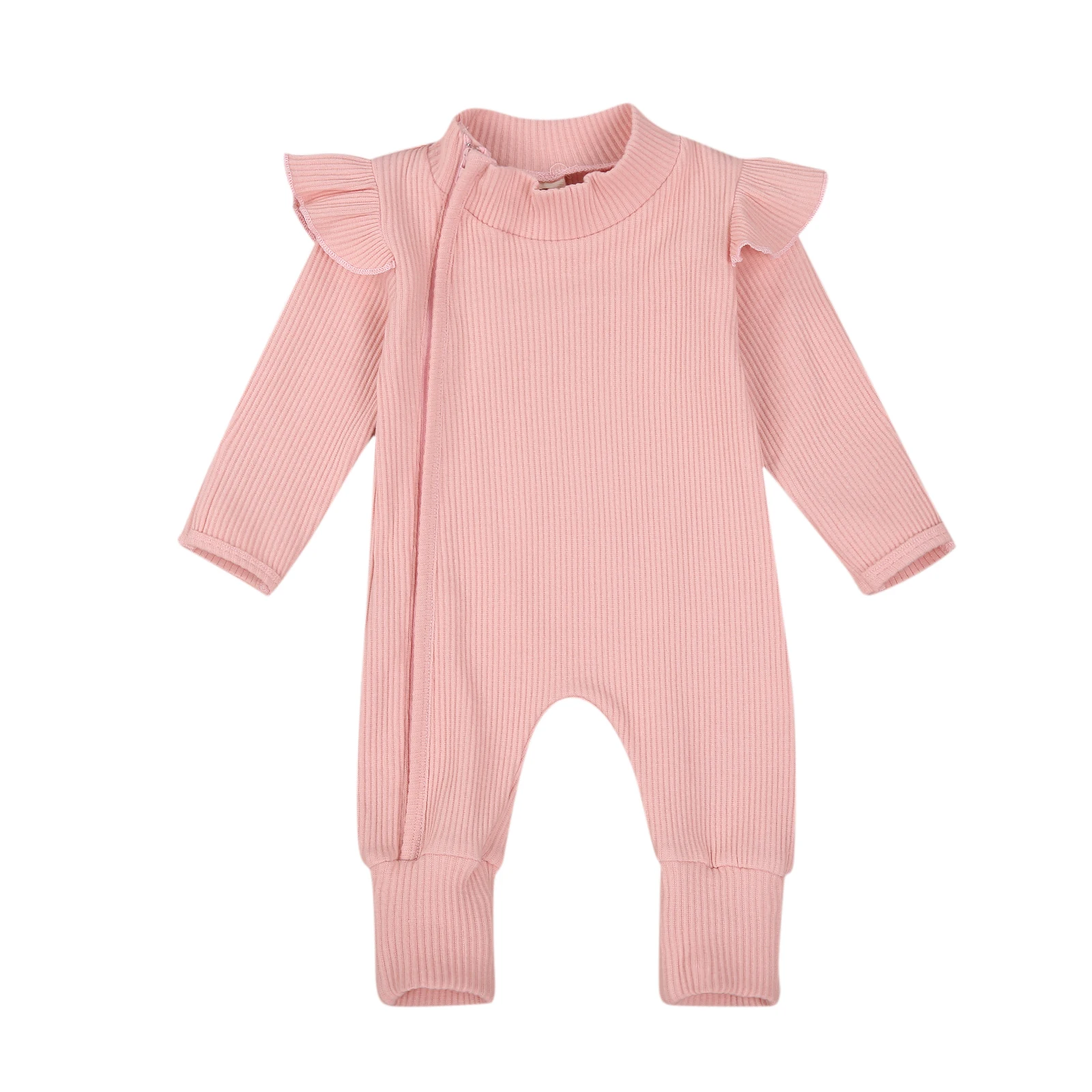 

Baby Newborn Zipper Solid Ribbed Romper Jumpsuits Long Sleeve O Neck Boys Girls Infant Toddler Autumn Cotton Rompers 0-18M
