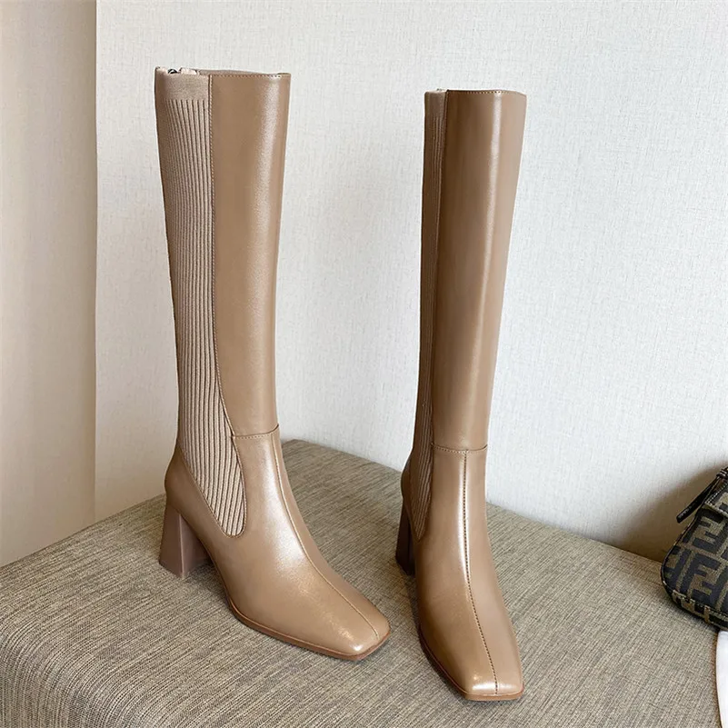 

Meotina Women Long Boots Shoes Real Leather Thick Heels Knee High Boots Square Toe High Heel Zipper Ladies Boots Autumn Winter