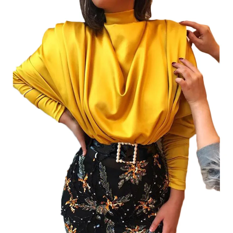 Атласная Блузка с высоким воротником рубашка Женская однотонная желтая блузка