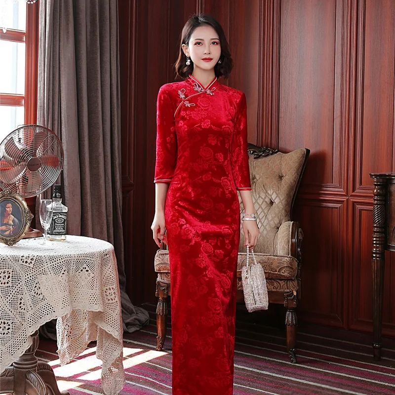 

Красное Длинное китайское традиционное элегантное женское платье Ципао с цветочным принтом пикантное облегающее вечернее праздничное пла...