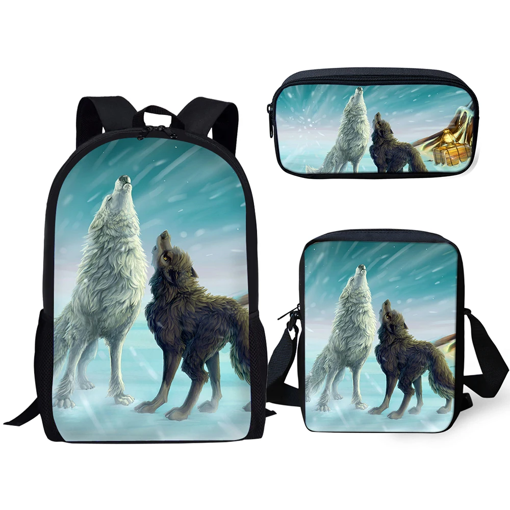 HaoYun Kids Backpacks Set Cute Wolf Prints Pattern School Bags Cartoon Animal Print Students 3PCs Backpack/Flaps Bag/Pen Bags