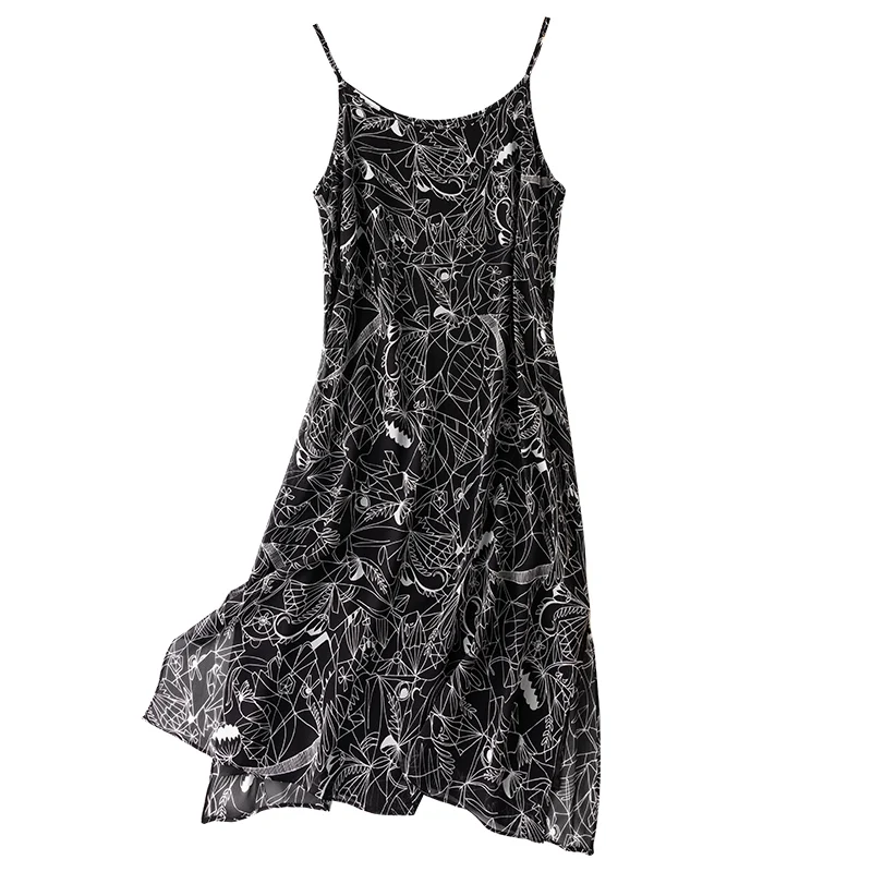 

Women's 100% Silk braces skirt luxury Fashion Heavy slip dress Long Dress Elegant Geometric graffiti print L1063