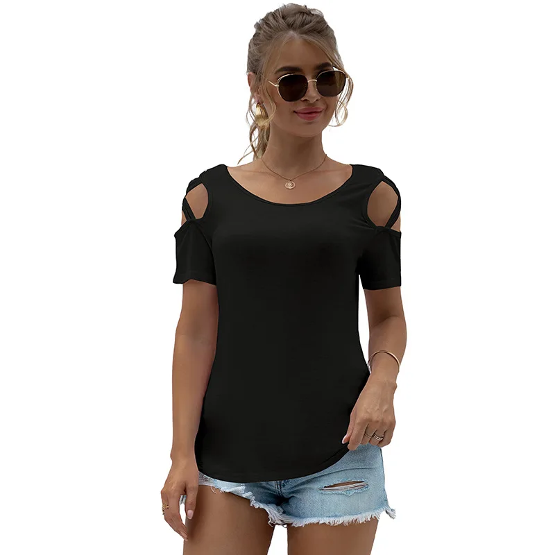 

Женская черная футболка без бретелек, с круглым вырезом и коротким рукавом, 2021