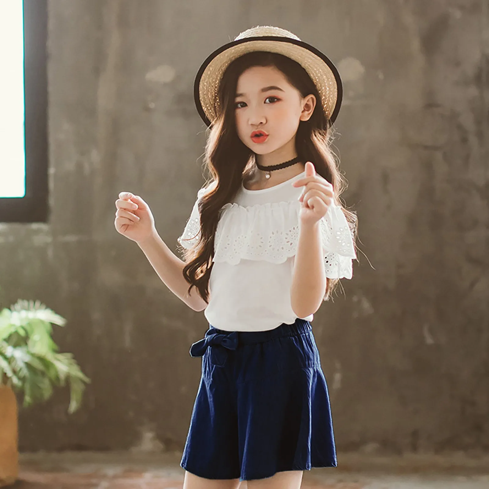 

Hot Children Kids Clothes Baby Girls Solid Lace Ruffles short sleeves Tops Tee Bow Shorts Jeans Outfits roupa infantil menina 20