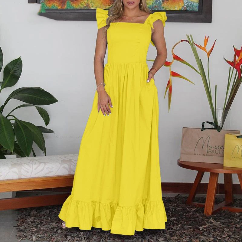 Женский Длинный Сарафан с коротким рукавом желтое платье большого размера