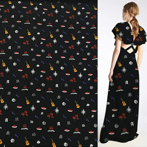 Мини принт на черном дне чистый шелк крепдешиновая шелковая ткань ширина 135 см