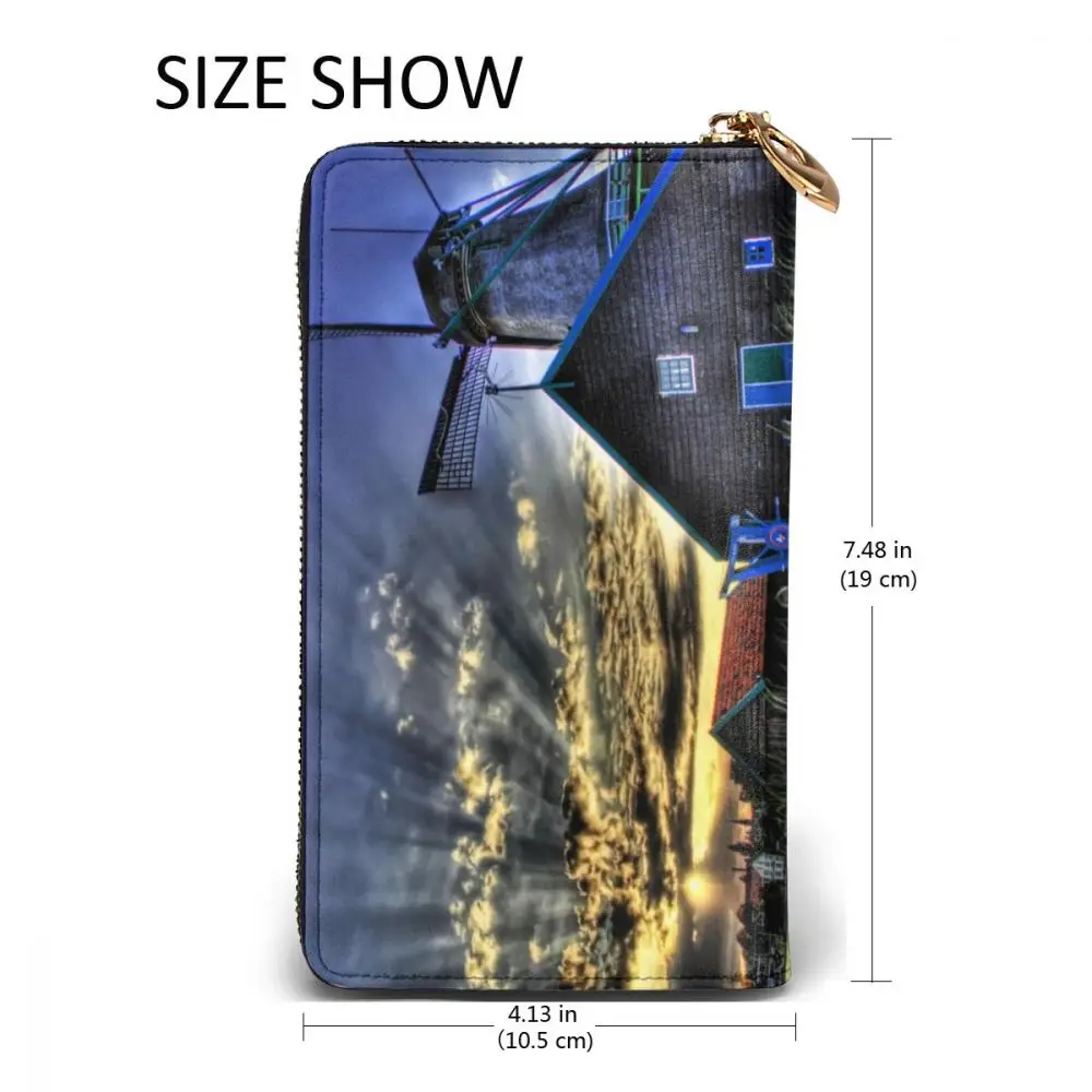 

2021 Fashion Long Leather Wallets Windmill House With Sunshine River Unisex Classic Purse Zipper Wallet with Card Holder