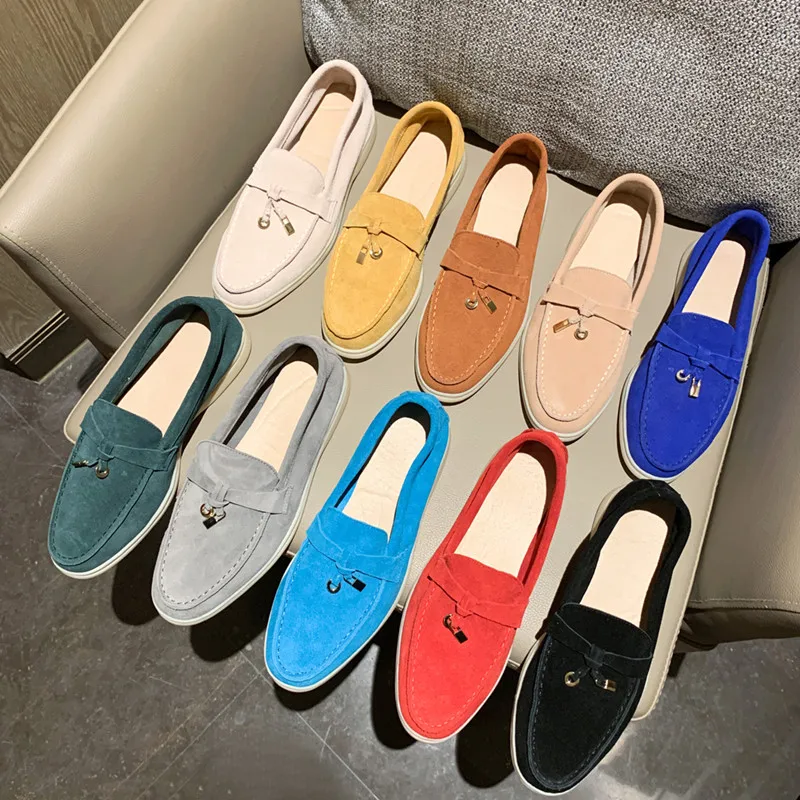 

Slip-On Loafers Suede Flat Shoes For Women Hanged Metal Lock Decor Casual Moccasins Shoes Ladies High Quality Manual Shoes Mujer