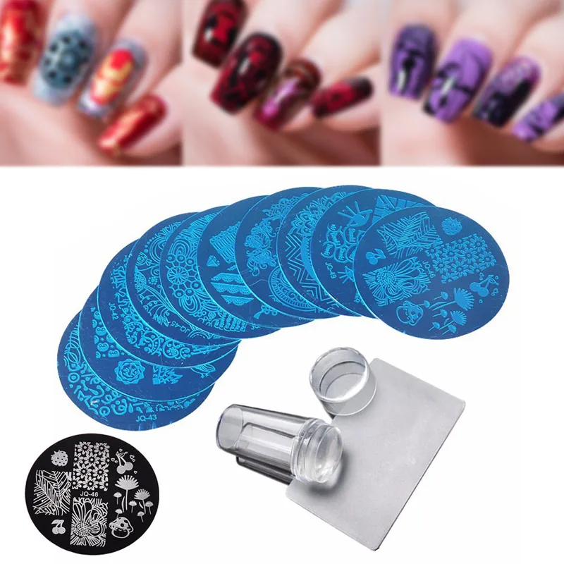 

10 Pcs Stamping Plate + Clear Silicone Stamper + Scraper Nail Art Image Stamp Tool Manicure Template J9