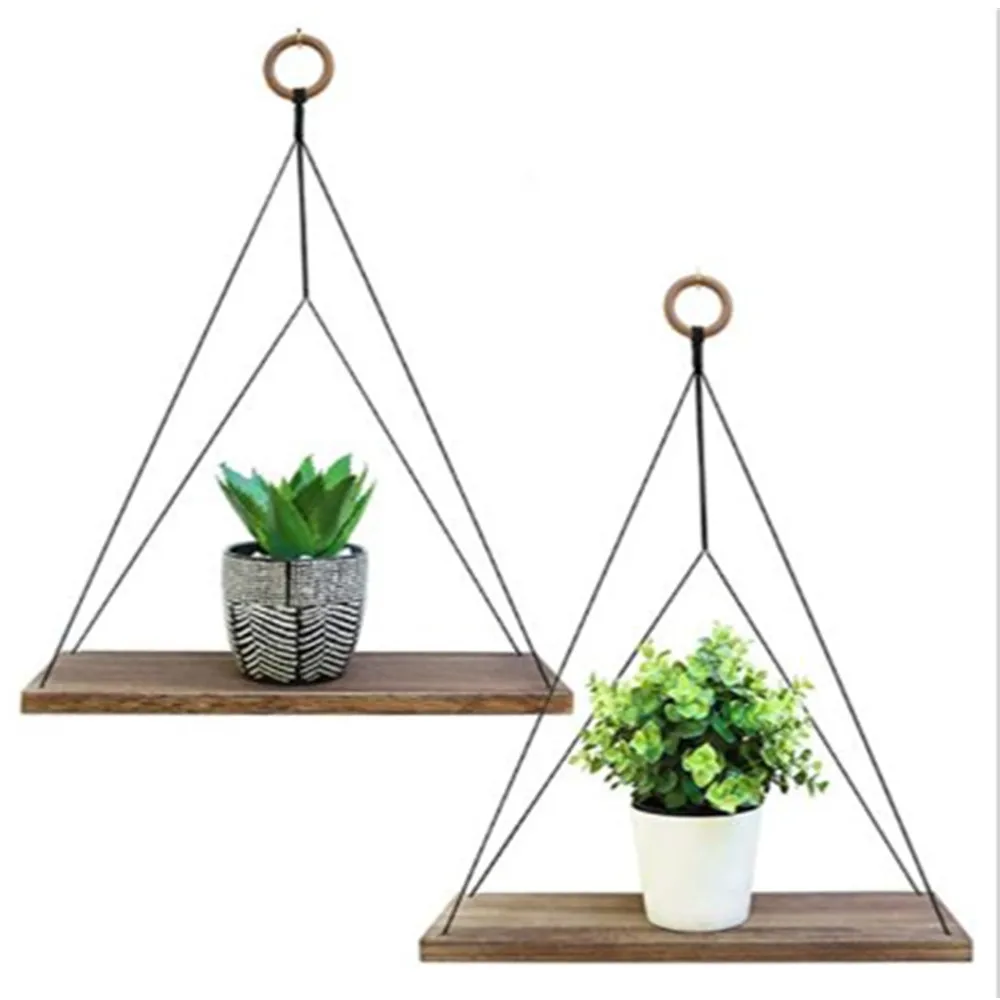 

Wooden Rope Swing Wall Hanging Plant Flower Pot Tray Mounted Floating Wall Shelves Nordic Home Decoration Moredn Simple Design