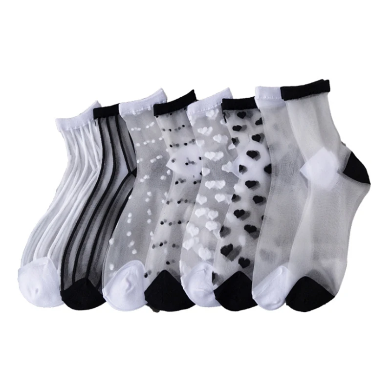 Sexy Lace Mesh Transparent Women Socks Summer Fashion Japanese Cute Elasticity Silk Sock For Ladies Black White Socks New