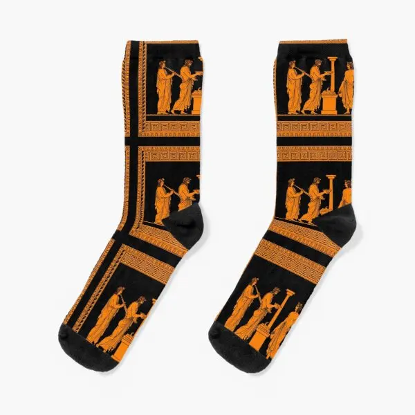 

Red Figure Greek Vase Offering Scene Crew Socks Black Mens Best Ankle Knee High Women