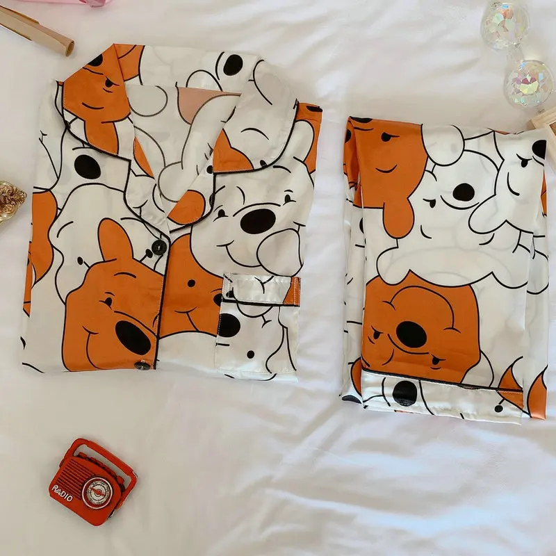 

Women Spring Autumn Two-piece cardigan Pajamas Women Cartoons Home Service Comfortable Ice silk Pajamas Popular Long-sleeve Suit