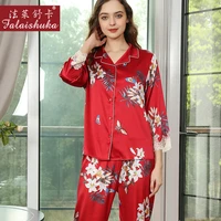 silk pajamas sets homewears women red floral print 2021 summer spring lady home wears two piece pajamas set sleepwear