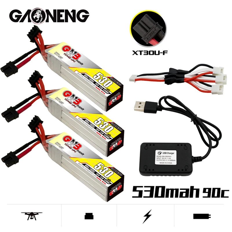 

GNB 3S 530mAh 90C/180C HV 11,4 V LiPo батарея XT30U-F вилка с зарядным устройством для радиоуправляемого вертолета квадрокоптера FPV гоночного дрона части