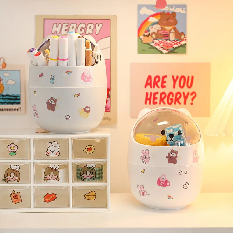 

Creative Desktop With Lid Trash Can Mini Cute Bear Sundries Jewelry Storage Box Girl Pen Holder Storage Bucket With Flip Top