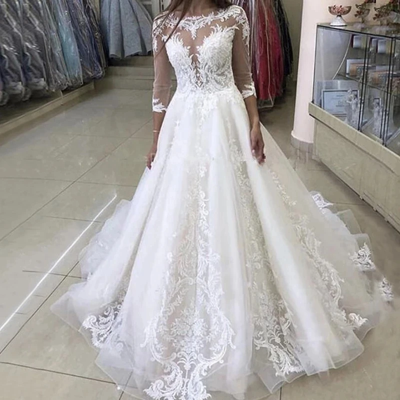 

ANGELSBRIDEP Three Quarter Sleeves Ball Gown Wedding Dresses Robe de mariee Applique lllusion Neck Court Train Vestidos De Noiva