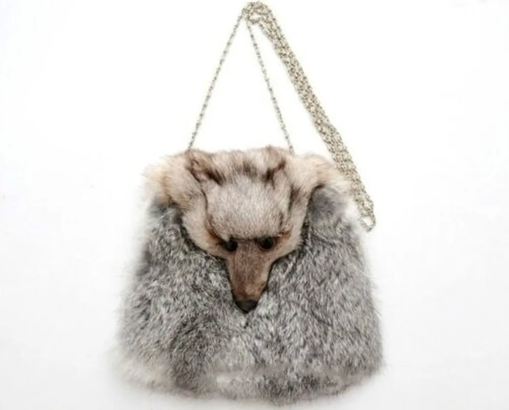

New Vintage Women Lady Girl Real Rabbit Fur Fox Fur Bag Handbag Purse Real Fox Fur Fox Head Handbags Bag Fashion Handbag