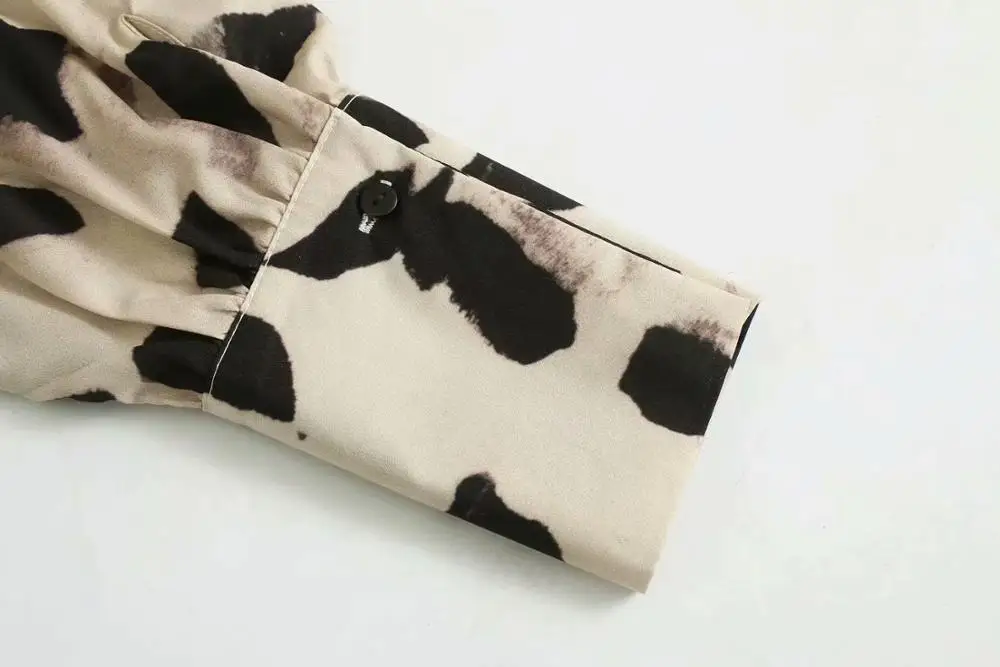 Женское винтажное платье рубашка с круглым вырезом длинным рукавом и принтом