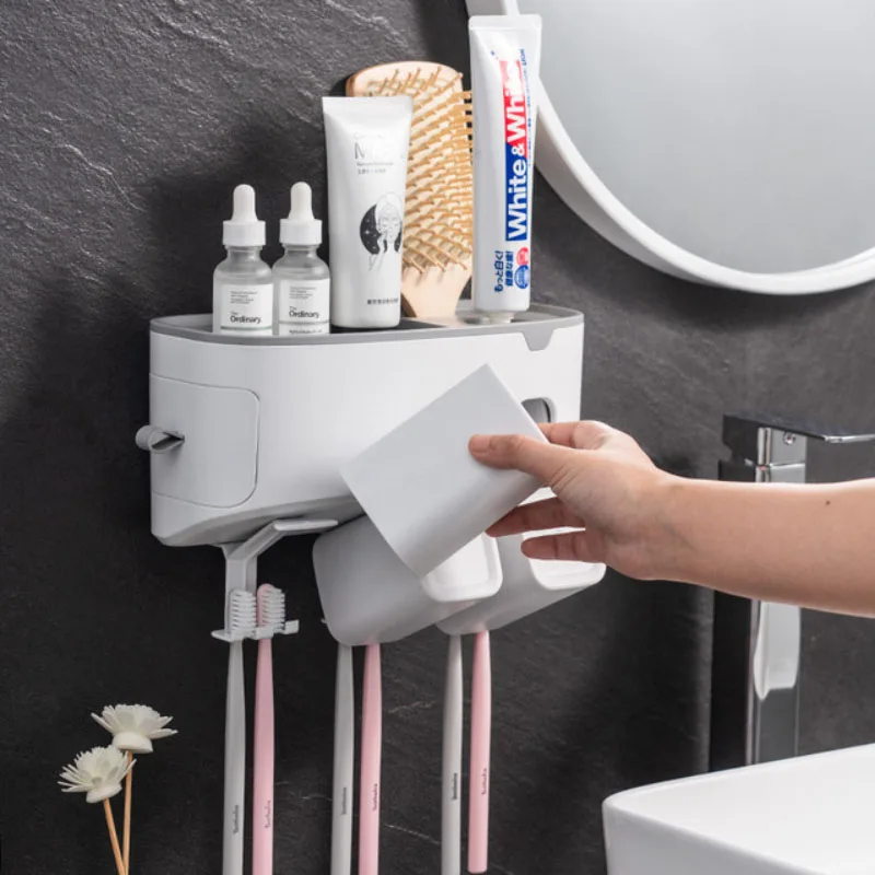 

Ящик для хранения косметики, аксессуары для ванной комнаты, настенный держатель для зубной щетки с тремя чашками