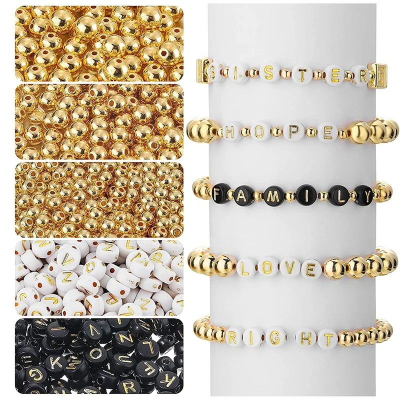 

3 Sizes Round Spacer Bead and 2 Color Letter Loose Beads for DIY Craft Making Jewelry Findings Bracelet (1600 Pieces )