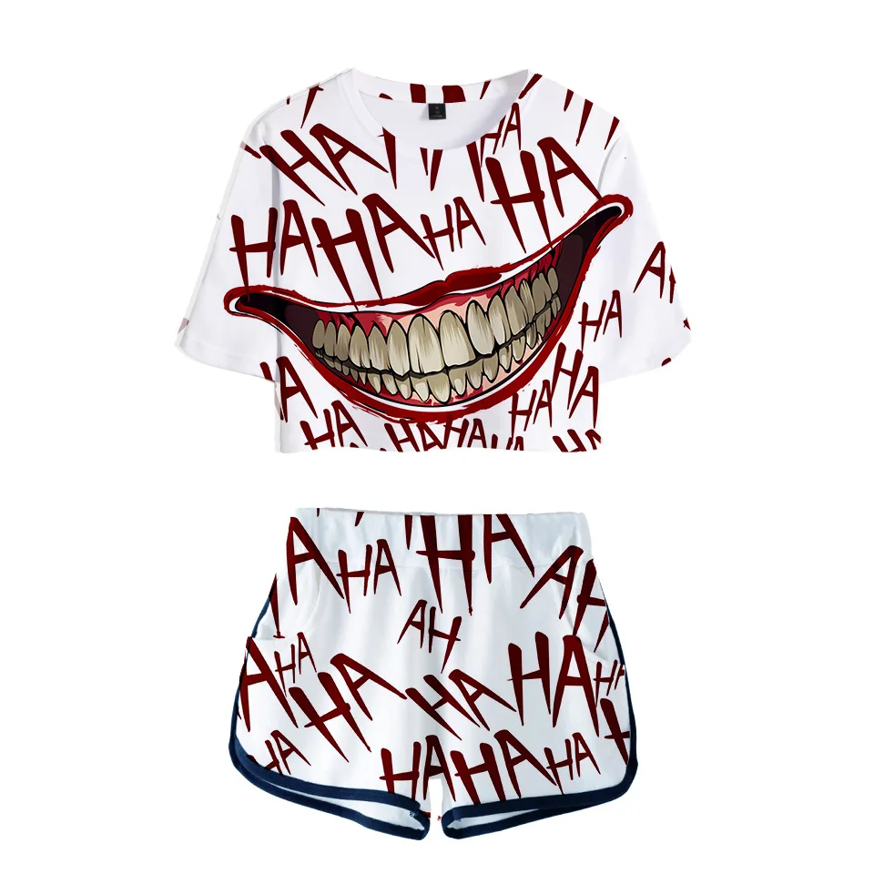 

Two piece set 3D HAHA Joker tracksuit women sexy club outfits 3d full print crop Top + shorts summer 2 piece set women clothes