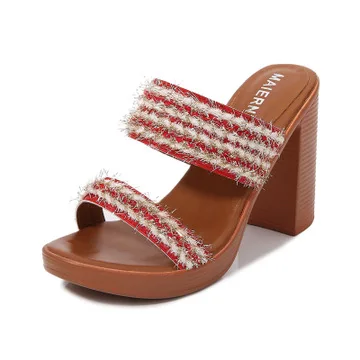 

Shoes For Girls Slippers Soft Peep Toe Women Heels Platform Slides Flock Beige Heeled Sandals Lady Comfort High Thin Black Fabri