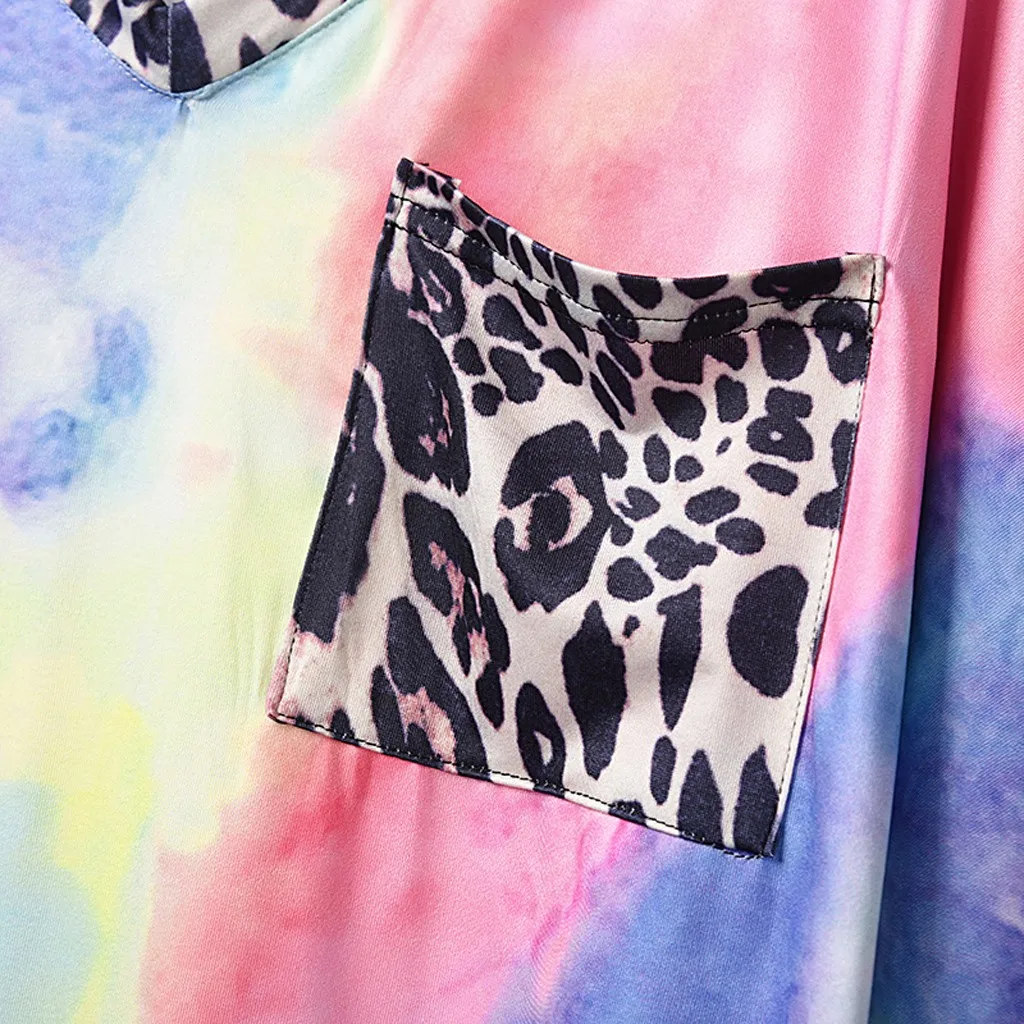 

CHAMSGEND Fashion Women's Casual Tie-Dye T-Shirt V Neck Short Sleeve Tops T-Shirts Vintage Leopard Patchwork Summer T-Shirt F63