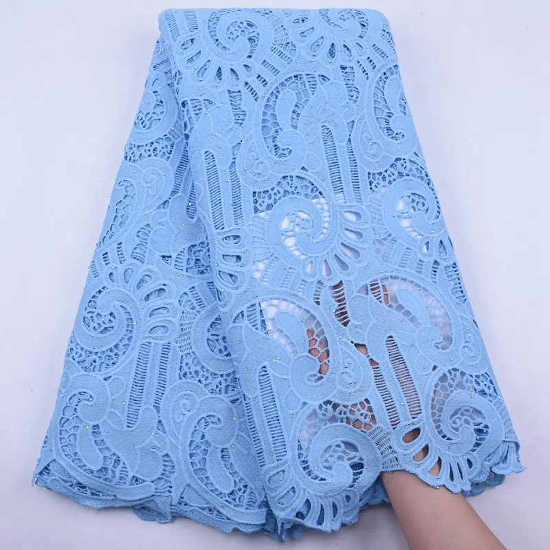 

Latest Water Soluble African Guipure Cord Lace Fabric With Stones Sky Blue Lace Fabric For Nigerian Wedding Dress Fabric S1958